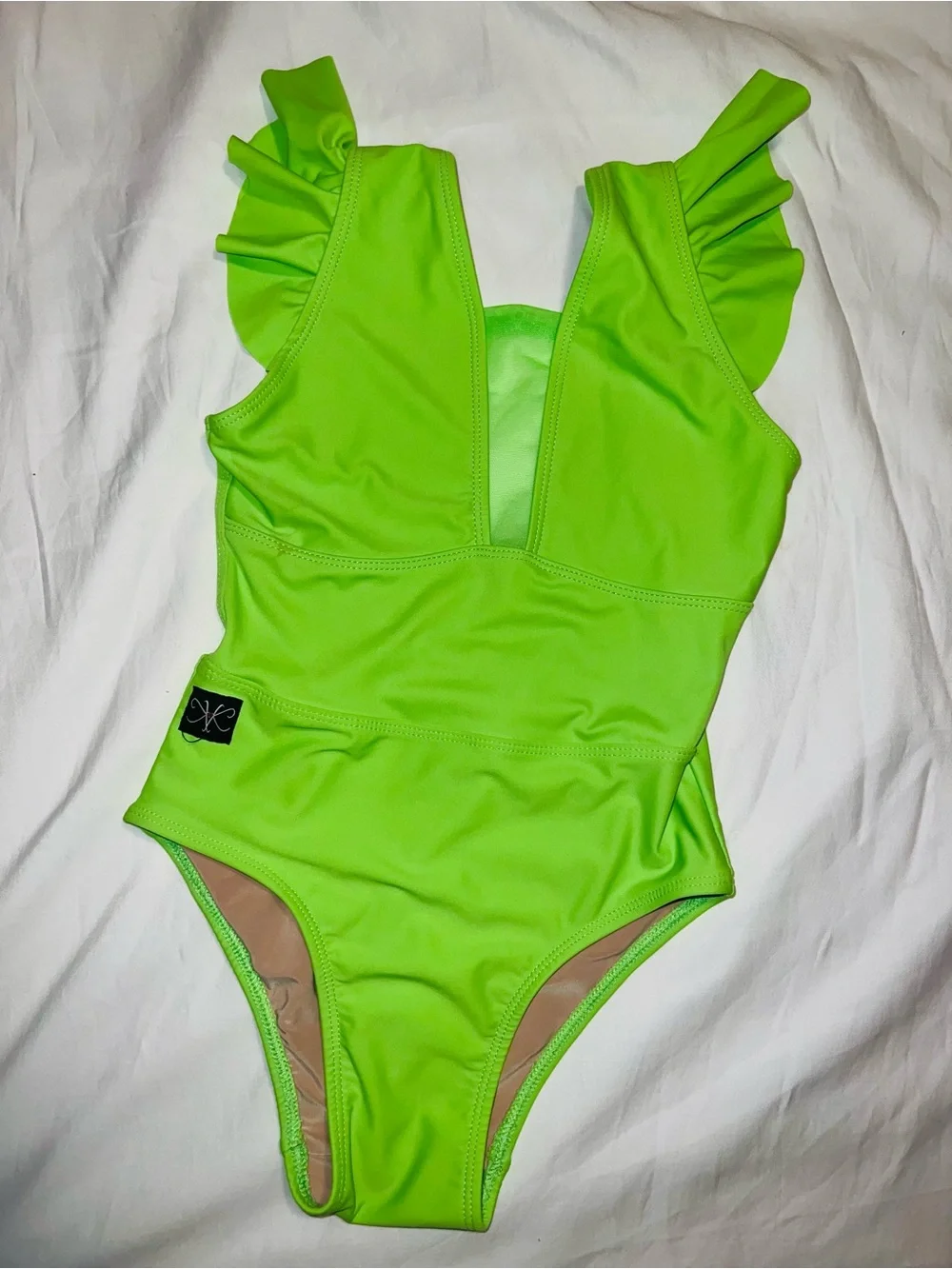 Neon Green Ruffle-Shoulder Dance Leotard for Kids